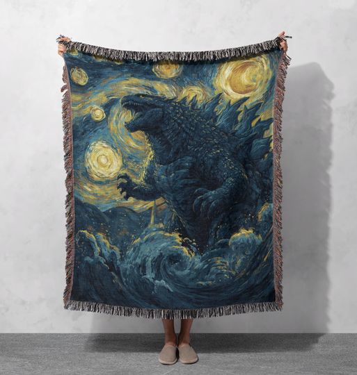 god zilla Starry Night Woven Blanket , Kaiju Monster Art Throw Blanket, Sci-Fi Movie Fan Gift Blanket, Blanket Decor Home Gift.