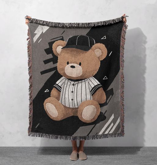 Discover Baseball Teddy Bear Woven Blanket, Son Birthday Gift Tapestry, Grandson Sports Fan Throw, Nephew Hobby, Baseball Player Gift