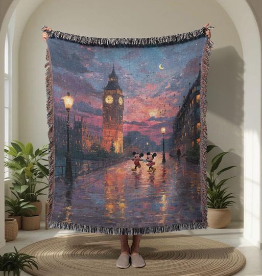 Discover London Trip 100% Cotton Woven Blanket, Couple Anniversary Gift Throw Blanket, Romantic UK Vacation Tapestry Blanket, Souvenir For Disney Fan