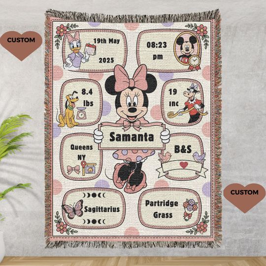 Discover Personalized Minnie Mouse and Friends Birth Stats Woven Throw Blanket , Disney newborn gift