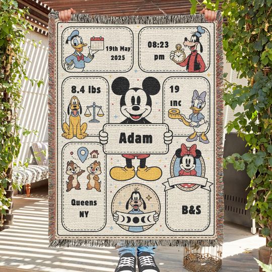 Discover Personalized Mickey Mouse and Friends Birth Stats Woven Throw Blanket ,Custom Disney newborn gift