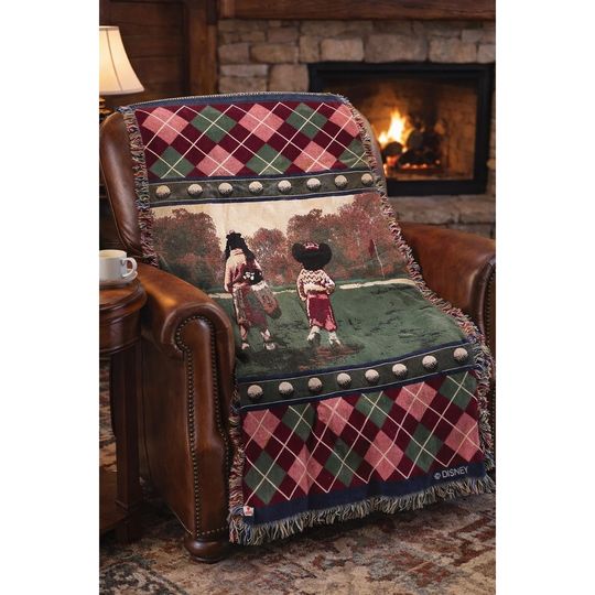 Discover Disney Mickey Minnie Golf Woven Throw Blanket Tapestry Fringe Vintage