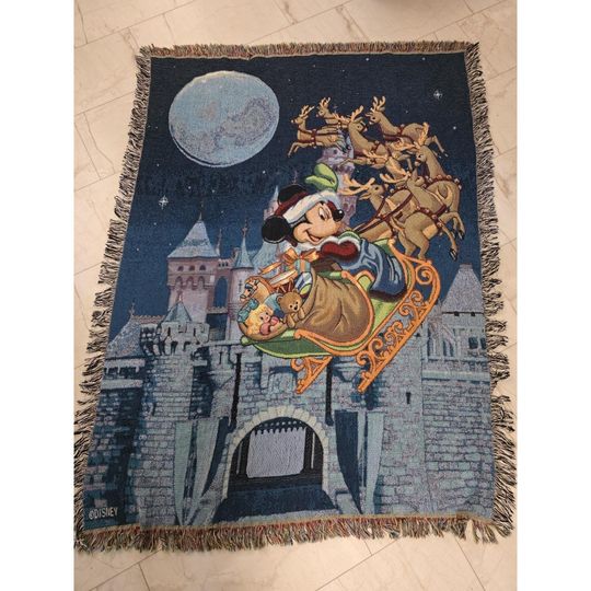 Discover Vintage Disney Christmas Woven Tapestry Throw Mickey Santa Castle Blanket