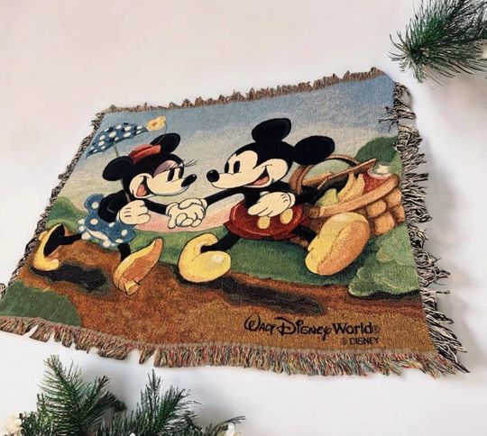 Discover Vintage Mickey Mouse & Minnie Tapestry Throw Blanket Walt Disney World 50x 60 FAST SHIPPING