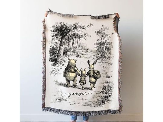Discover Woven Vintage Blanket Personalized Pooh Bear Piglet Blanket Custom Name Kid Throw Christmas Gift Birthday Hand Drawn Adventure Nostalgia