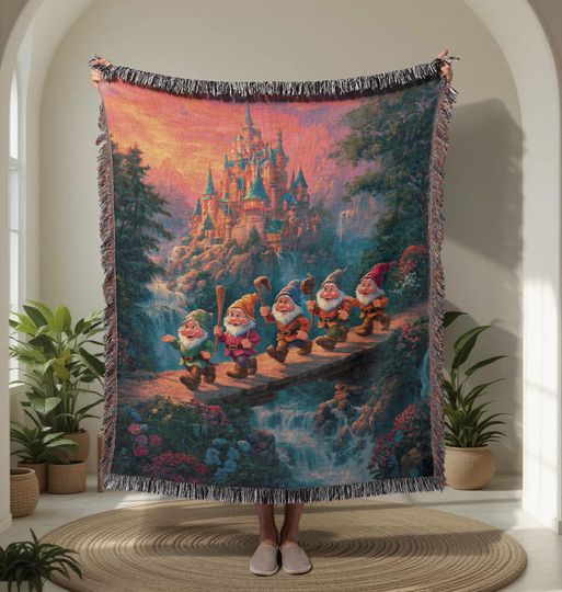 Discover Fairytale Castle 100% Cotton Woven Blanket, Seven Dwarfs Fan Gift Woven Tapestry, Classic Animation Hobby Woven Throw, Birthday Gift Kids.