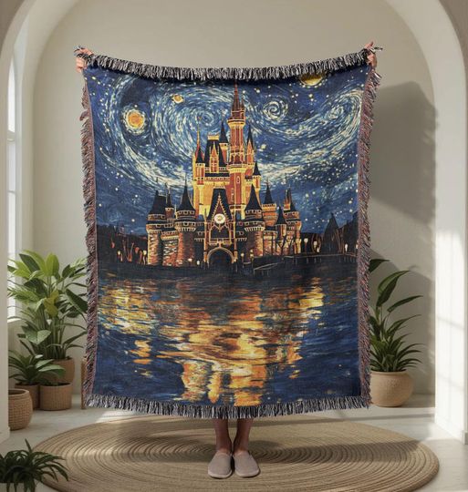 Discover Starry Night Castle 100% Cotton Woven Blanket, Art Lover Gift Woven Throw, Fairytale Magic Kingdom Tapestry, Fan Vacation Souvenir Decor.