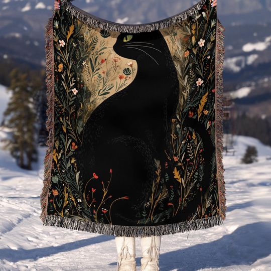 Cat Woven Blanket, Mystical Night Garden Tapestry, Enchanted Forest Reading Throw