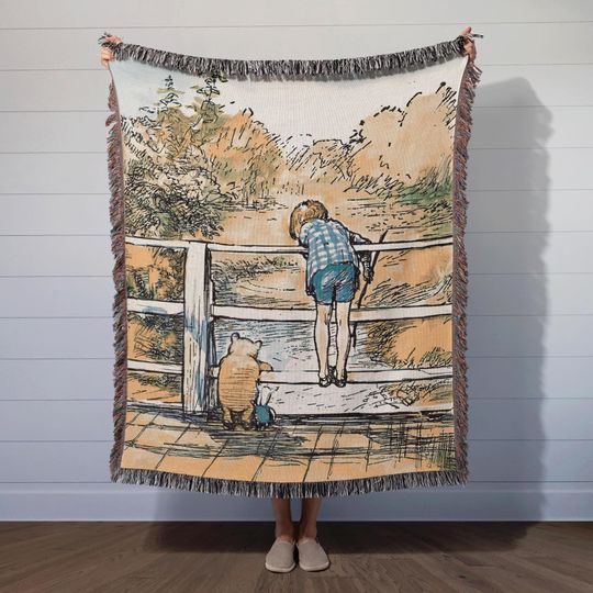 Discover Winnie-The-Pooh Bridge Scene Blanket, Literary Storybook Nursery Throw, Classic Book Illustration, Pooh Wall Tapestry, Reading Gift Blanket