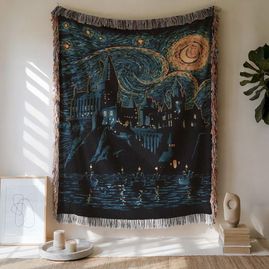 Discover Wizard School Woven Blanket, Starry Night Castle Tapestry Throw, Magical Dorm Decor, Fantasy Woven Blanket Gift for Dreamers and Book Lovers