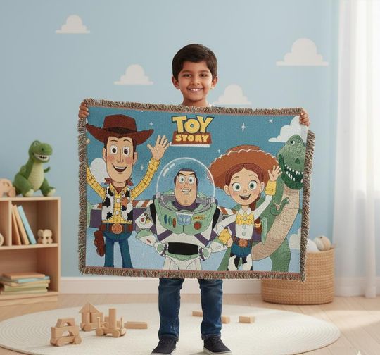 Discover Toy Story Woven Blanket, Woody Buzz Lightyear Jessie Rex Tapestry Throw, Cotton Fringe Andy's Room Decor, Kids Nursery Gift
