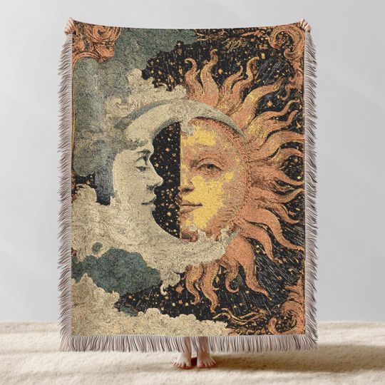 Celestial Sun Moon Woven Blanket, Cozy Cotton Throw, Zodiac Wall Tapestry, Dark Academia Throw Witchy Home Decor Tapestry Ethereal Fairytale