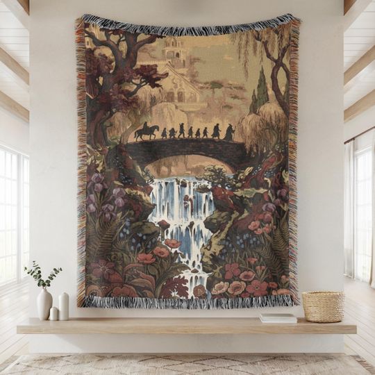 Discover Fellowship Fantasy Tapestry, Halfling Adventure Book Blanket, Elven City Woven Wall Hanging, Wizard Elf Dwarf Large Tapestry, Fairytale Art