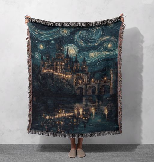Discover Starry Night Castle Woven Blanket 100% Cotton - Magical Fantasy Throw for Home Decor, Cottagecore Tapestry