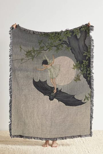 Discover Fairy Riding Bat Woven Throw Blanket | Ida Rentoul Outhwaite Vintage Storybook Tapestry, Flying Forest Fairy Tale Decor, Fairycore Book Nook