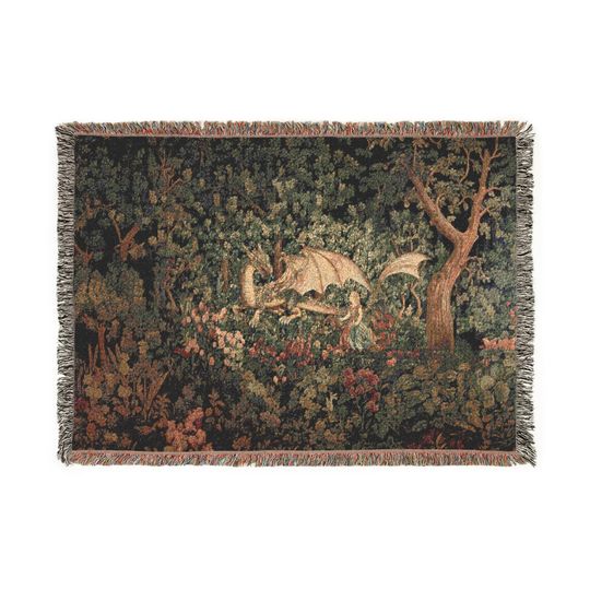 Discover Woven Blanket, Dragon And Princess, Fantasy Home Decor, Neutral Tones, Cozy Throw Bed Covering Or Wall Tapestry, Soft Dragon Lover Gift.