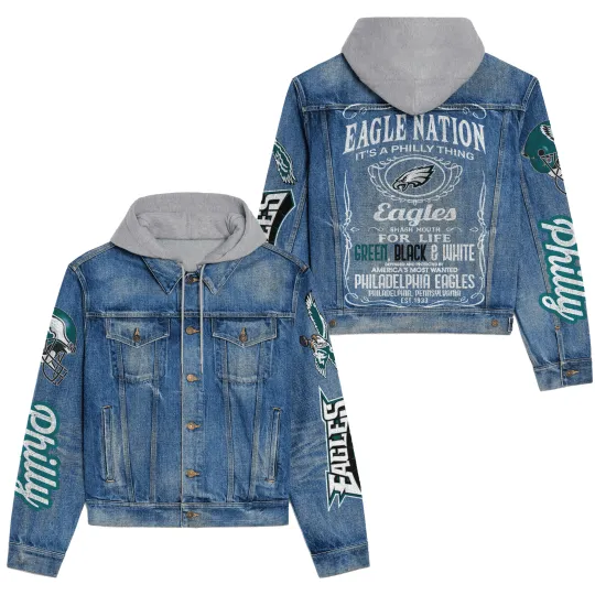 Discover Philadelphia Eagless Premium Hooded Denim Jacket New Collection AZBTHDJ000240