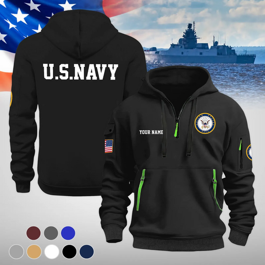 Personalized Name Veteran US Navy Quarter Zip Hoodie