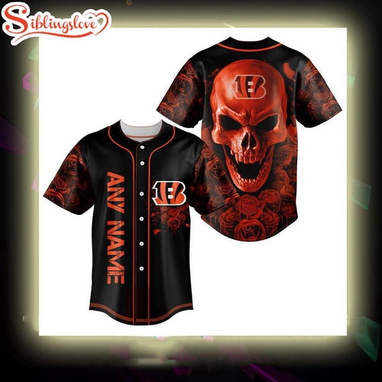 Custom Name Cincinnati Bengals football Skull Rose 3D Baseball Jersey