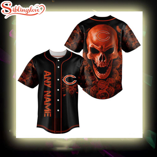 Custom Name Chicago Bears football Skull Rose 3D Baseball Jersey