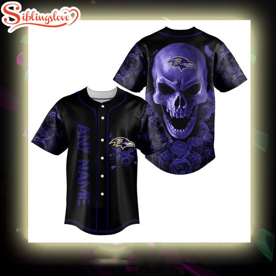 Custom Name Baltimore Ravens football Skull Rose 3D Baseball Jersey