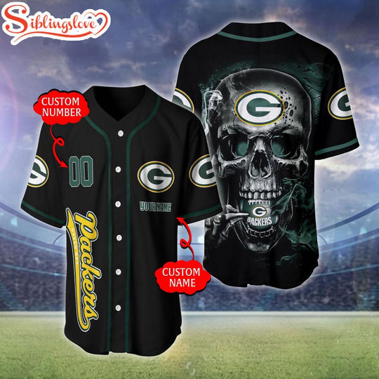 Custom Name And Number Green Bay Packers football Skull Pattern Baseball Jersey For Fans