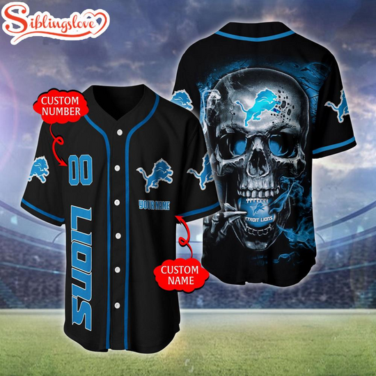 Custom Name And Number Detroit Lions football Skull Pattern Baseball Jersey For Fans