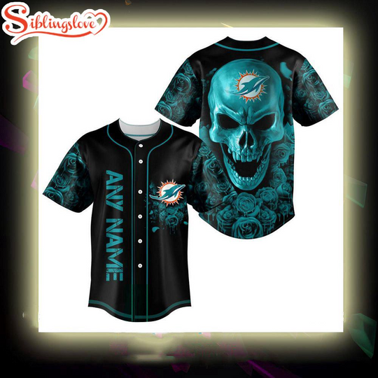 Custom Name Miami Dolphins football Skull Rose 3D Baseball Jersey