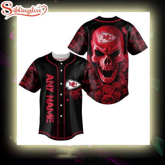 Custom Name Kansas City Chiefs football Skull Rose 3D Baseball Jersey
