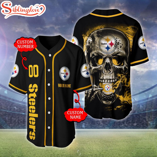 Discover Custom Name And Number Pittsburgh Steeler football Skull Pattern Baseball Jersey For Fans