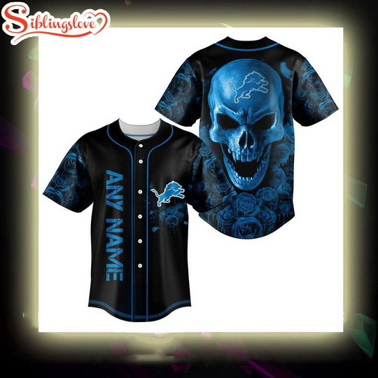 Custom Name Detroit Lions football Skull Rose 3D Baseball Jersey