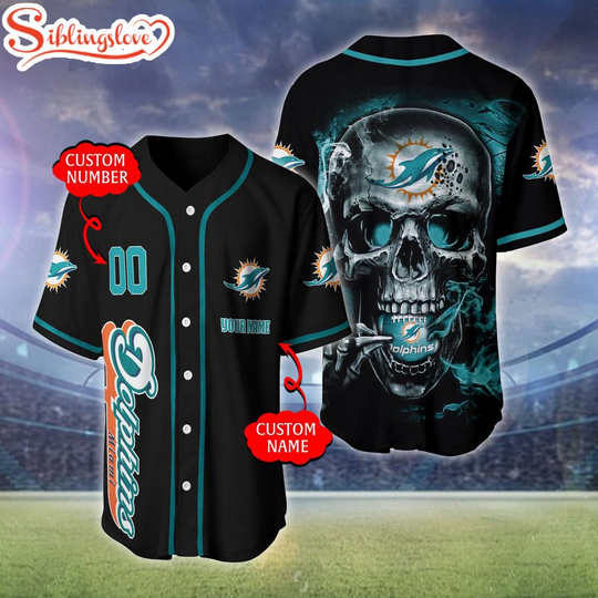 Custom Name And Number Miami Dolphins football Skull Pattern Baseball Jersey For Fans
