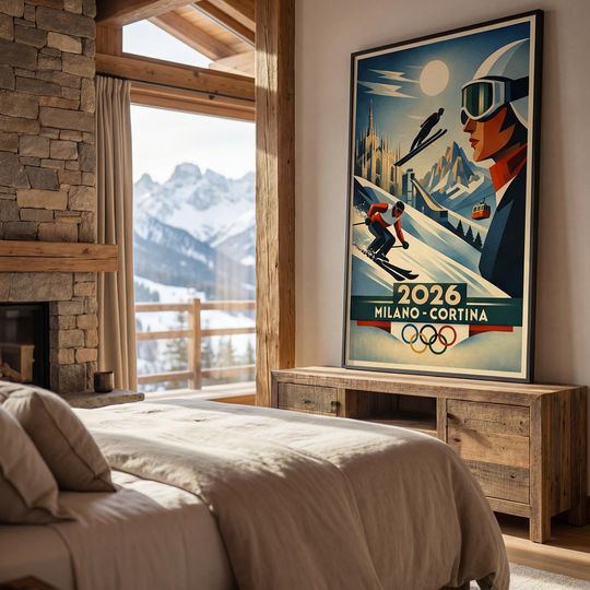 Discover Olympic Ski Poster 2026 | Milano Cortina Winter Sports Art | Mountain Lodge Dcor