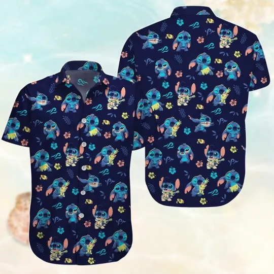 Discover Stitch Playing Guitar Summer Party Gift Lilo And Stitch Aloha Hawaiian Shirt