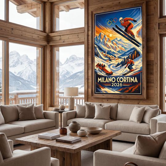 Vintage Winter Sports Poster | Milano Cortina 2026 Olympics | Ski Lodge Wall Art