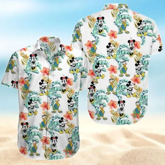 Discover Mickey Mouse & Donald Duck Tropical Leaves Aloha Beach Vaction Hawaiian Shirt