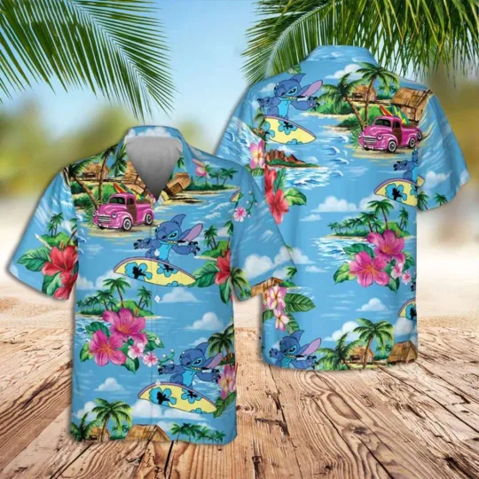 Discover Stitch Surfing Tropical Island Beach Vacation Lilo & Stitch Hawaiian Shirt