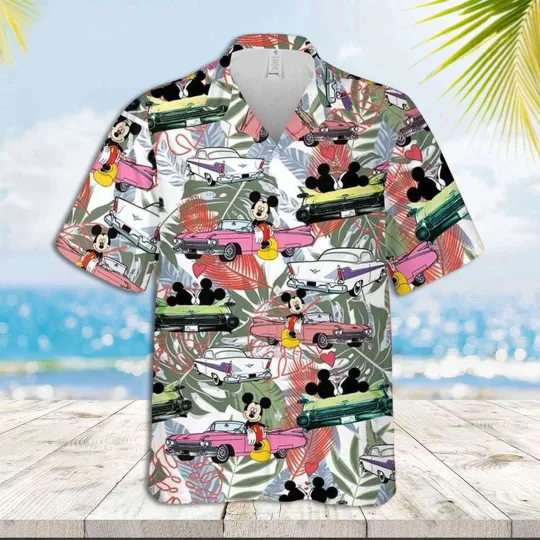 Discover Retro Mickey & Minnie Mouse Couple Tropical Leaves Car Inspired Hawaiian Shirt