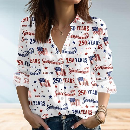Discover USA 250th Anniversary Blouse Shirt, Semiquincentennial Linen-Look Shirt, Retro American Flag 1776 Women Shirt, 4th of July Casual Shirt