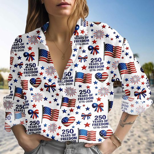 Discover 250 Years of Freedom Blouse Shirt 1776-2026, Patriotic USA Flag Shirt for Women, USA 250th Anniversary Casual Shirt, Gift For Her