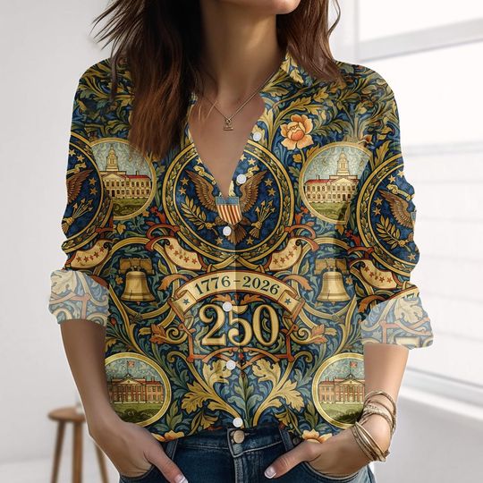 Discover Vintage America 250th Anniversary Linen-Look Shirt, USA 1776 2026 Blouse Shirt, Patriotic History Casual Shirt, 4th of July Outfit