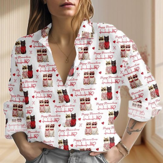 Discover Cat Happy Meowentine Linen-Look Shirt, Cute Cats Love Blouse Women Tops, Kitty Cat Casual Shirt For Her/ Girlfriend, Valentine Gifts