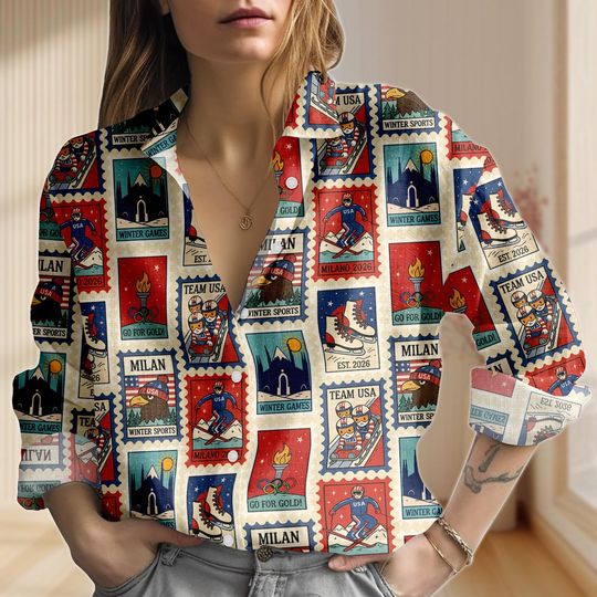 Discover Milano Cortina 2026 Olympics Linen-Look Shirt, Winter Skiing Sports Women Shirt, Ice Hockey Blouse Shirt, Casual Shirt For Sport Lovers