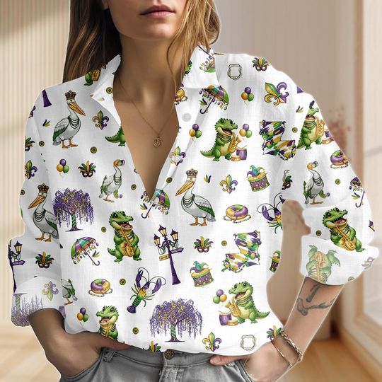 Discover Mardi Gras Tree Linen-Look Shirt, Mardi Gras Bead Women Shirt, New Orleans Louisiana NOLA Carnival Blouse Shirt, Fat Tuesday 2026 Merch