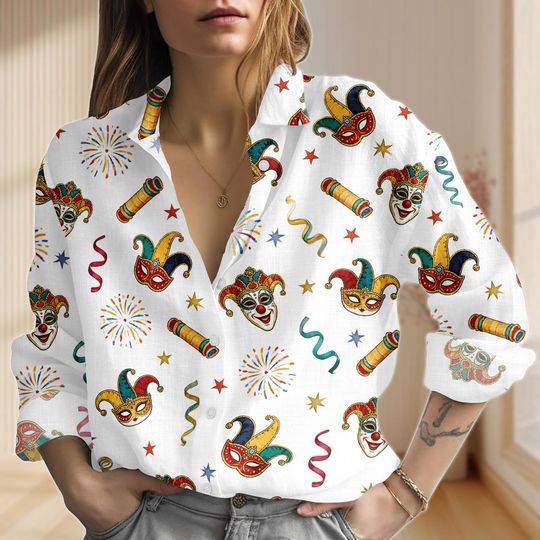 Discover Carnival Cologne German Linen-Look Shirt, Karneval Holiday Women Shirt, Fasching Mask Blouse Shirt, Carnival Costume for Women