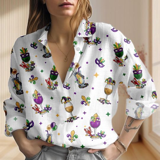 Discover Mardi Gras Drinking Linen-Look Shirt, Carnival Cocktail Women Shirt, Green Purple Mask Festival Blouse Shirt, Carnival Outfit For Her