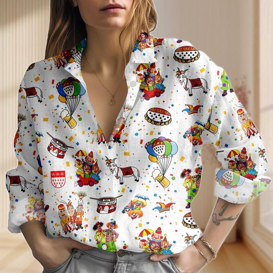 Discover Retro German Karneval Linen-Look Shirt, Cologne Carnival Women Shirt, Clown Fasching Festival Blouse Shirt, Carnival Outfit For Her