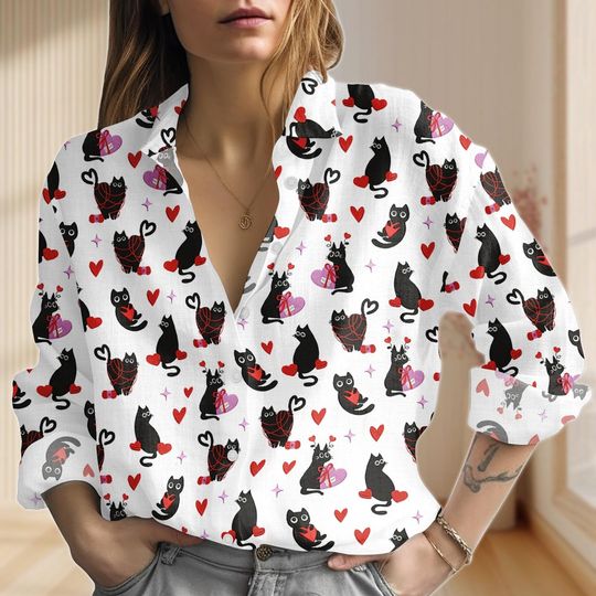 Discover Black Cats Valentine Linen-Look Shirt, Cat Happy Blouse Women Tops, Funny Valentine Casual Shirt For Cat Lovers, Pet Couple Gifts