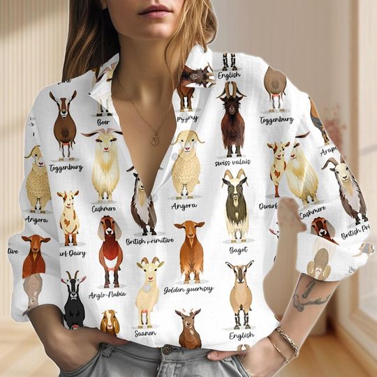 Discover Goat Breeds Linen-Look Shirt, Goat Casual Shirt, Funny Farmer Women Shirt, Love Goat Blouse Tops, Animal Lovers Gifts For Her