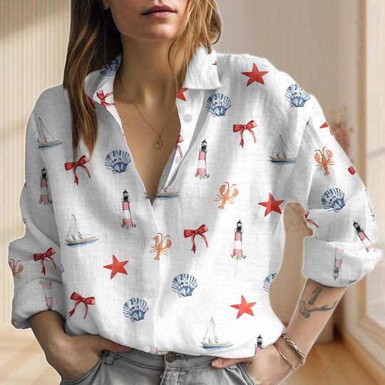 Discover Seashell Linen-Look Shirt, Sea Life Blouses Tops Women, Beach Pattern Shirts For Women, Ocean Love Casual Tops, Summer Gifts